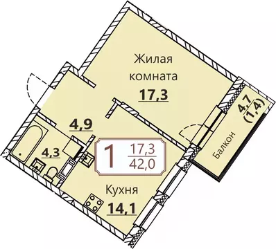 1-к кв. Чувашия, Чебоксары ул. Герцена, поз3 (42.0 м)