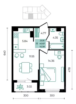 2-к кв. Адыгея, Майкопский район, пос. Тульский  (42.38 м)