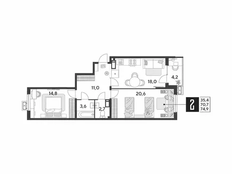 2-комнатная квартира: Краснодар, улица имени Героя Дангириева (74.9 м)