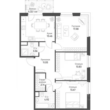 3-к кв. Татарстан, Казань Счастье в Казани жилой комплекс (82.2 м)