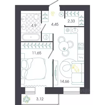 1-к кв. Пензенская область, Пенза Колышлейская ул., 7 (39.55 м)