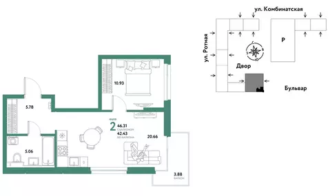 2-комнатная квартира: Екатеринбург, Ленинский район (46.31 м)
