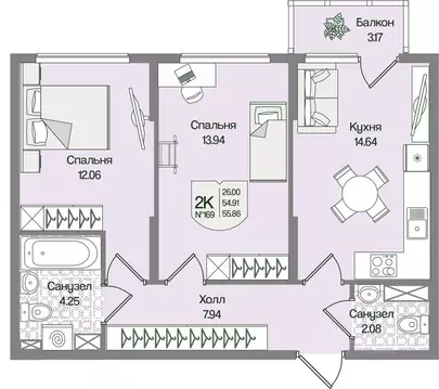 2-к кв. Ленинградская область, Всеволожский район, Бугровское ...