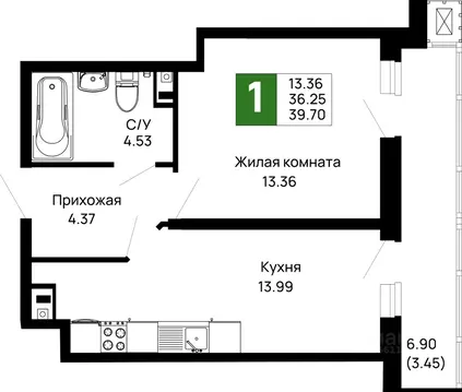 1-к кв. Адыгея, Майкоп 9 Мая ул., 14А (39.7 м)