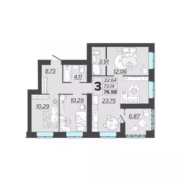 3-к кв. Брянская область, Брянск Архитектор жилой комплекс (76.58 м)