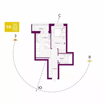 1-комнатная квартира: Екатеринбург, проспект Космонавтов, 103А (36.28 ...