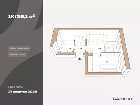 1-к кв. Тюменская область, Тюмень ул. Республики, 204к17 (25.1 м)