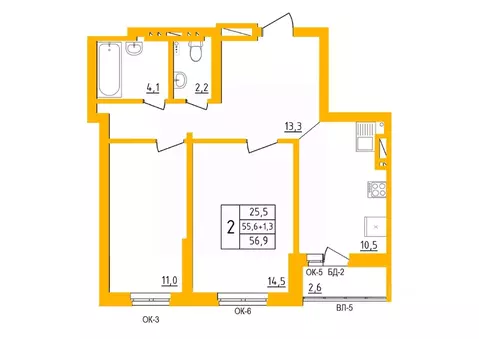 2-к кв. Башкортостан, Уфа Инорс-4Б мкр, Акварель жилой комплекс (56.6 ...