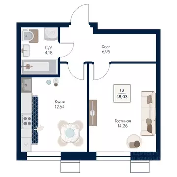 1-к кв. Московская область, Мытищи Бархат жилой комплекс (38.03 м)
