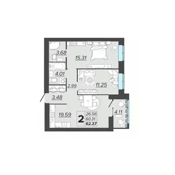 2-к кв. Брянская область, Брянск Архитектор жилой комплекс (62.37 м)