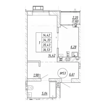1-к кв. Калининградская область, Зеленоградск  (36.53 м)