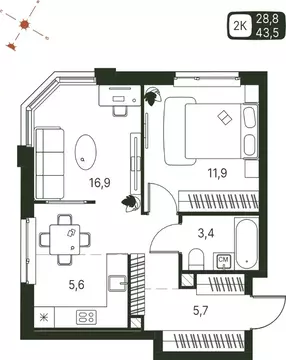 Студия Пермский край, Пермь ул. Серебристая, 1 (43.5 м)
