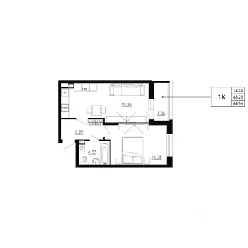 1-к кв. Орловская область, Орел Ломоносов жилой комплекс (44.94 м)
