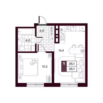 1-комнатная квартира: Дударева, ЖК Макс (35.08 м)
