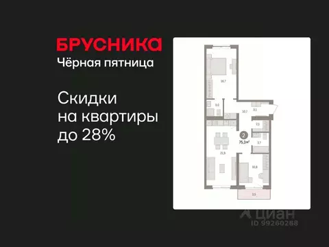 2-к кв. Свердловская область, Екатеринбург пер. Торфяной, 4 (75.3 м)