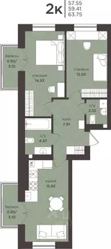 2-к кв. Калининградская область, Гурьевск  (59.41 м)