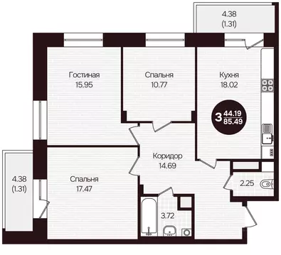 3-к кв. Чувашия, Чебоксары Фруктовая ул., поз1 (85.49 м)
