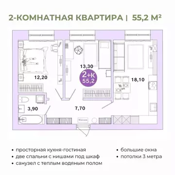 2-к кв. Оренбургская область, Оренбург Ростоши Премьер мкр,  (55.2 м)