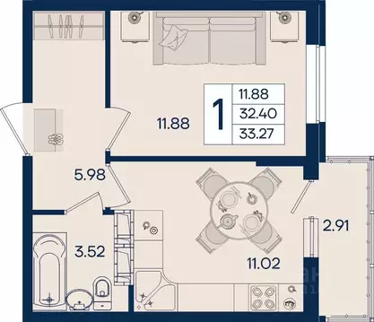 1-к кв. Краснодарский край, Краснодар  (33.27 м)