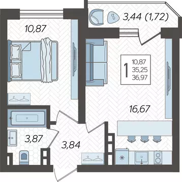 1-комнатная квартира: Краснодар, Уральская улица, 87/7 (36.97 м)