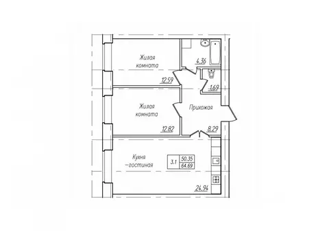 3-к кв. Чувашия, Чебоксары ул. Фридриха Энгельса, поз7 (64.69 м)