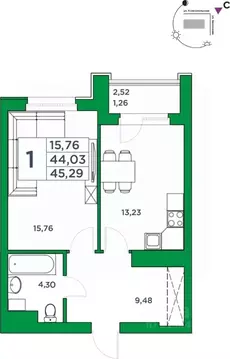 1-к кв. Башкортостан, Уфа Комсомольская ул., 8 (44.03 м)