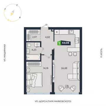 1-к кв. Свердловская область, Екатеринбург ул. Машинная, 1В/4 (53.08 ...