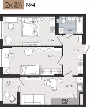 2-к кв. Калининградская область, Калининград Мой Город жилой комплекс ...