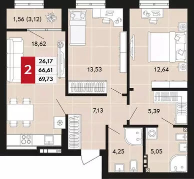 2-к кв. Свердловская область, Верхняя Пышма  (69.73 м)