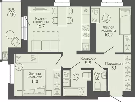 2-к кв. Волгоградская область, Волгоград Трехгорная ул., 27 (56.4 м)