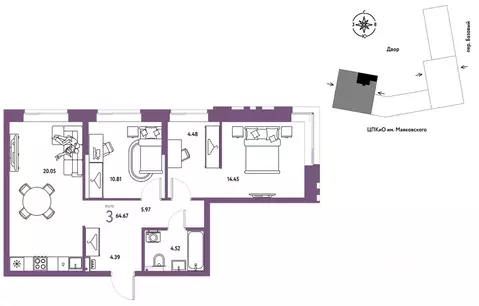 3-к кв. Свердловская область, Екатеринбург пер. Базовый, 10 (64.67 м)
