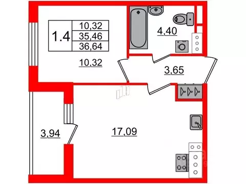 1-к кв. Санкт-Петербург Новолитовская ул., 14 (35.1 м)