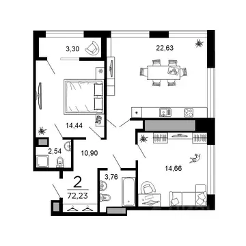 2-к кв. Рязанская область, Рязань ул. 1-я Железнодорожная (72.23 м)