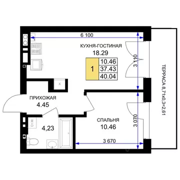 1-к кв. Калининградская область, Гурьевск Включи жилой комплекс (40.04 ...