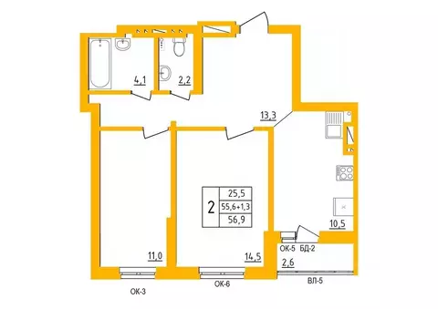 2-к кв. Башкортостан, Уфа ул. имени Фронтовых Бригад, 15/2 (56.5 м)