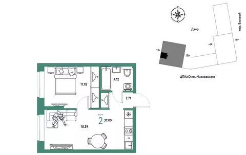 2-к кв. Свердловская область, Екатеринбург пер. Базовый, 10 (37.0 м)