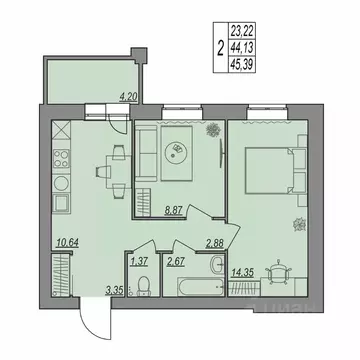 2-к кв. Волгоградская область, Волгоград Типографская ул., 83 (45.39 ...