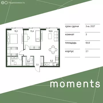 3-комнатная квартира: Москва, жилой комплекс Моментс, к2.1 (64.6 м)