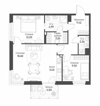 3-комнатная квартира: Казань, улица Гаврилова, 7к1 (66.7 м)