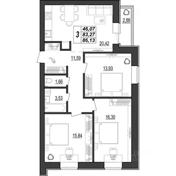 3-к кв. Мордовия, Саранск ул. 1-я Набережная, 56 (86.13 м)