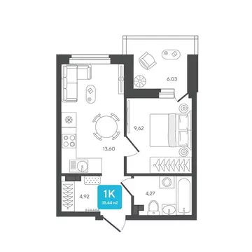 1-комнатная квартира: Дербыши, жилой комплекс Дабл-Дабл (38.44 м)