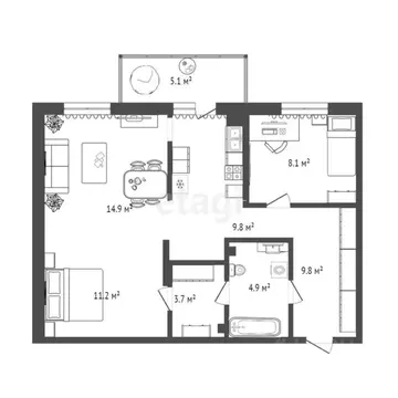 2-к кв. Тюменская область, Тюмень Профсоюзная ул., 59 (76.0 м)