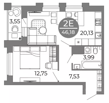 2-к кв. Воронежская область, Воронеж Галилей жилой комплекс (46.18 м)