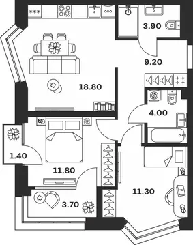 2-к кв. Тульская область, Тула ул. Михеева (64.1 м)