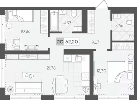 2-к кв. Тюменская область, Тюмень ул. Сергея Корепанова, 34 (62.2 м)