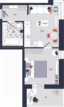 2-к кв. Тульская область, Тула ул. Академика Насоновой, 1А (44.0 м)