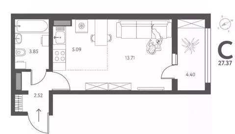 Студия Липецкая область, Липецк ул. Перова, 1 (27.37 м)