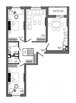 3-к кв. Воронежская область, Воронеж Нижняя ул., 32 (85.44 м)