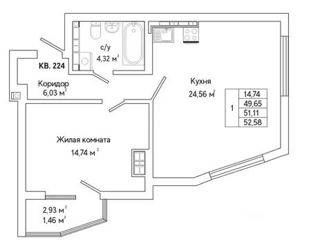1-к кв. Свердловская область, Екатеринбург ул. Яскина, 14/3 (50.5 м)