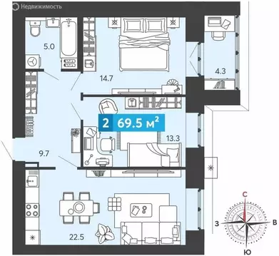 2-комнатная квартира: Засечное, Прибрежный бульвар, 5 (69.5 м)